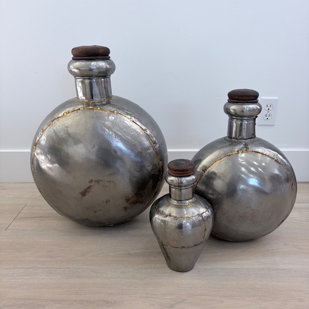 Vintage Indian Metal Water Vessel Jug Canteen Set of 3 Wood Stopper Floor Vases